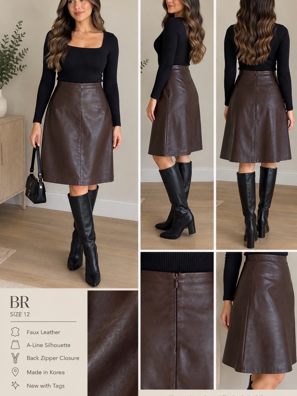 Brown Faux Leather Skirt — Size 12